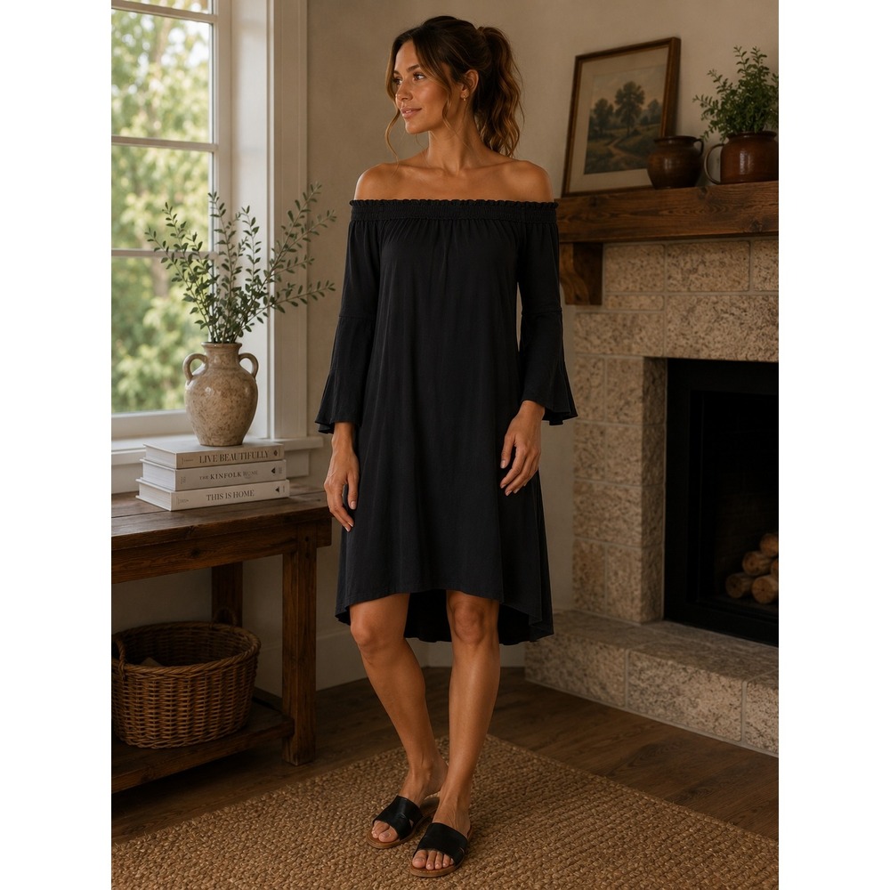 Malia Mills Dress‎ Women XS Black Boho Smocked Off Shoulder